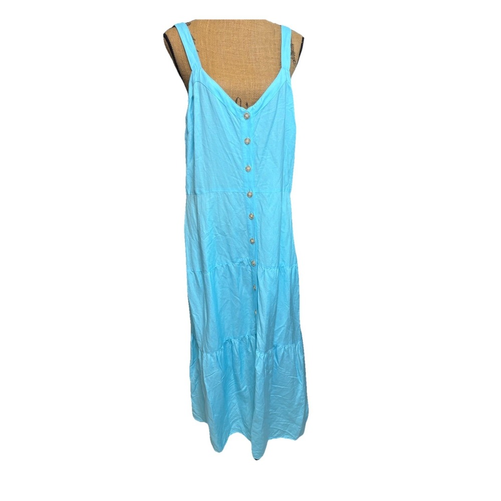 Loft SunDress Womens Blue Linen  Tiered Midi Beach Coastal Size 14
